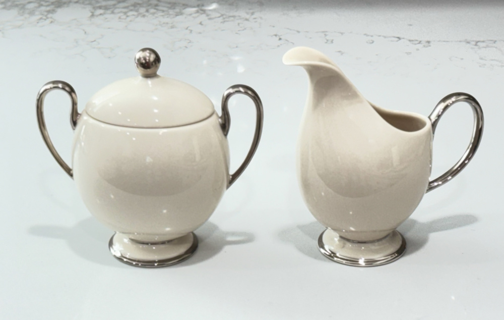 Vintage 50s Franciscan Huntington Creamer and Sugar Bowl Set Lidded Platinum MCM
